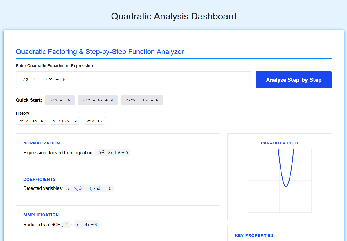 Quadratic Analysis Dashboard | Step-by-Step Factoring Tool